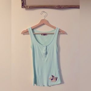 Meadow Blue Button Down Tank Top with Bird Design Folk Cottagecore Size XS